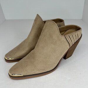 C Comfort Womens Tan Suede Block Heel Gold Pointed Toe Tip Slip On Size 7 Mules